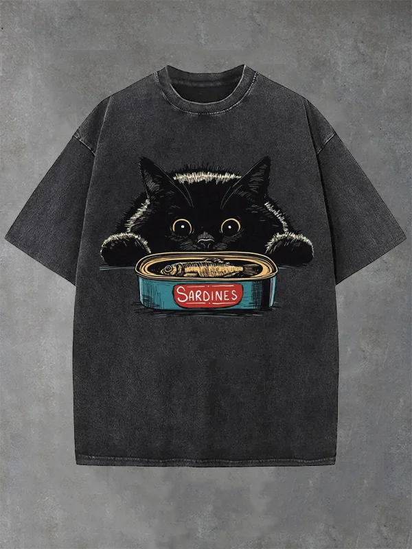 Men's Black Cat And Canned Sardines Print Cotton Washed T-Shirt