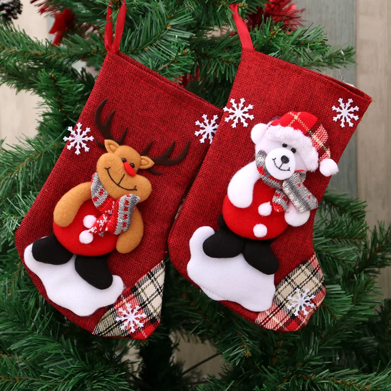 Medium Linen Christmas Socks Christmas Decorations Christmas Gift Bags-MERUMOTE