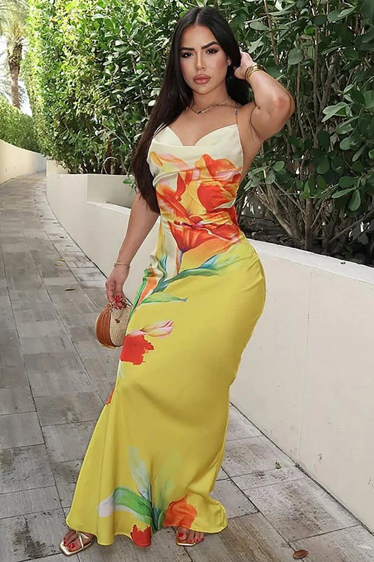 Floral Print Cowl Neckline Slim Fit Halter Open Back Maxi Dresses-Yellow