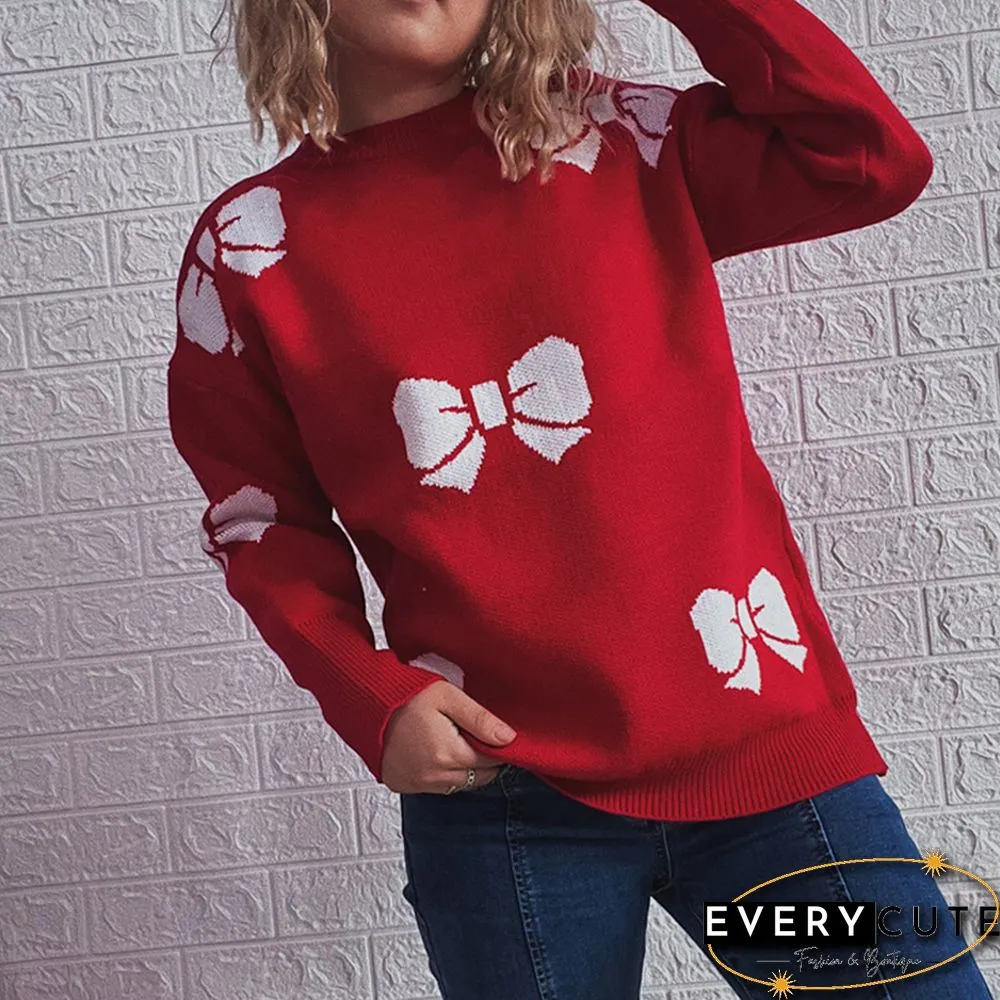 Red Bowknot Print Thicken Christmas Sweater