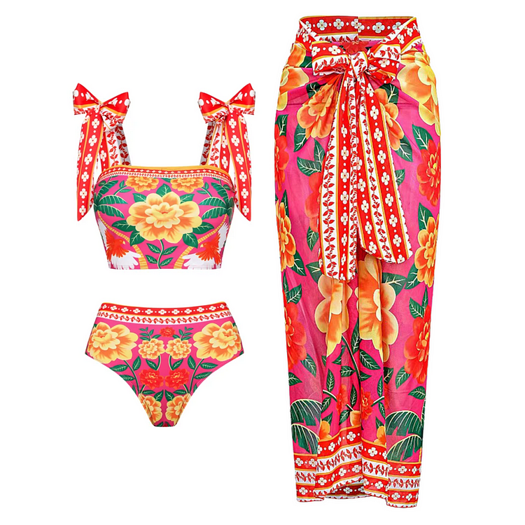 Tie-shoulder Flower Print Bikini Swimsuit and Skirt Flaxmaker 