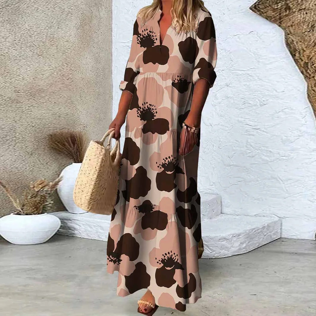 Women Animal, Pink, Black DZDN0150 SPU Printed Long Sleeve V-neck Maxi Dress