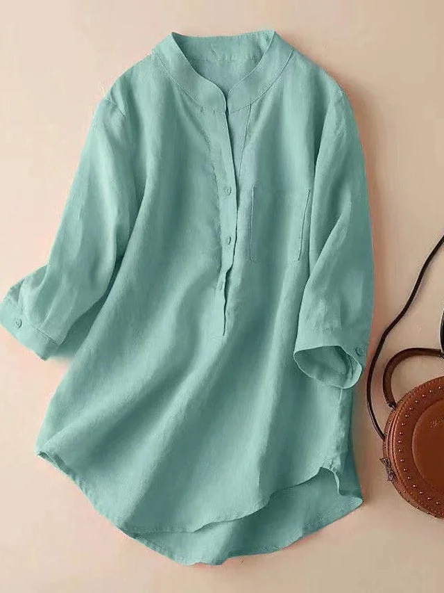 Women's Blouse Plain Button 3/4 Length Sleeve Round Neck Daily Plus Size Tops