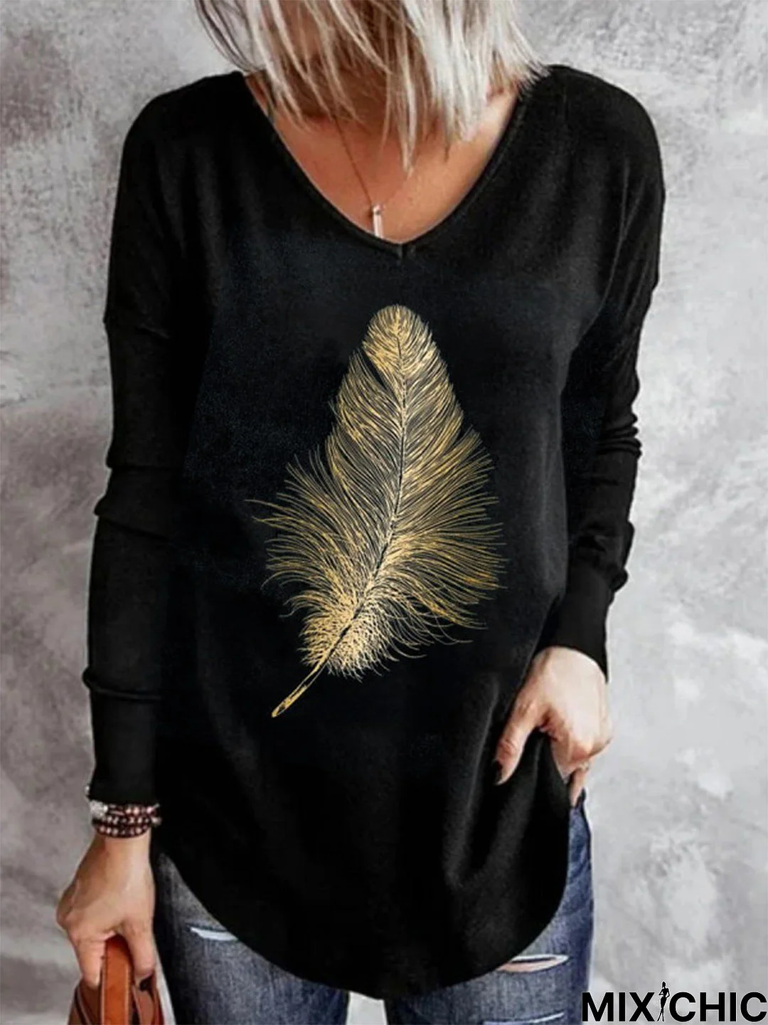 Ladies Long Sleeve Bronzed Feather Print Casual T-shirt