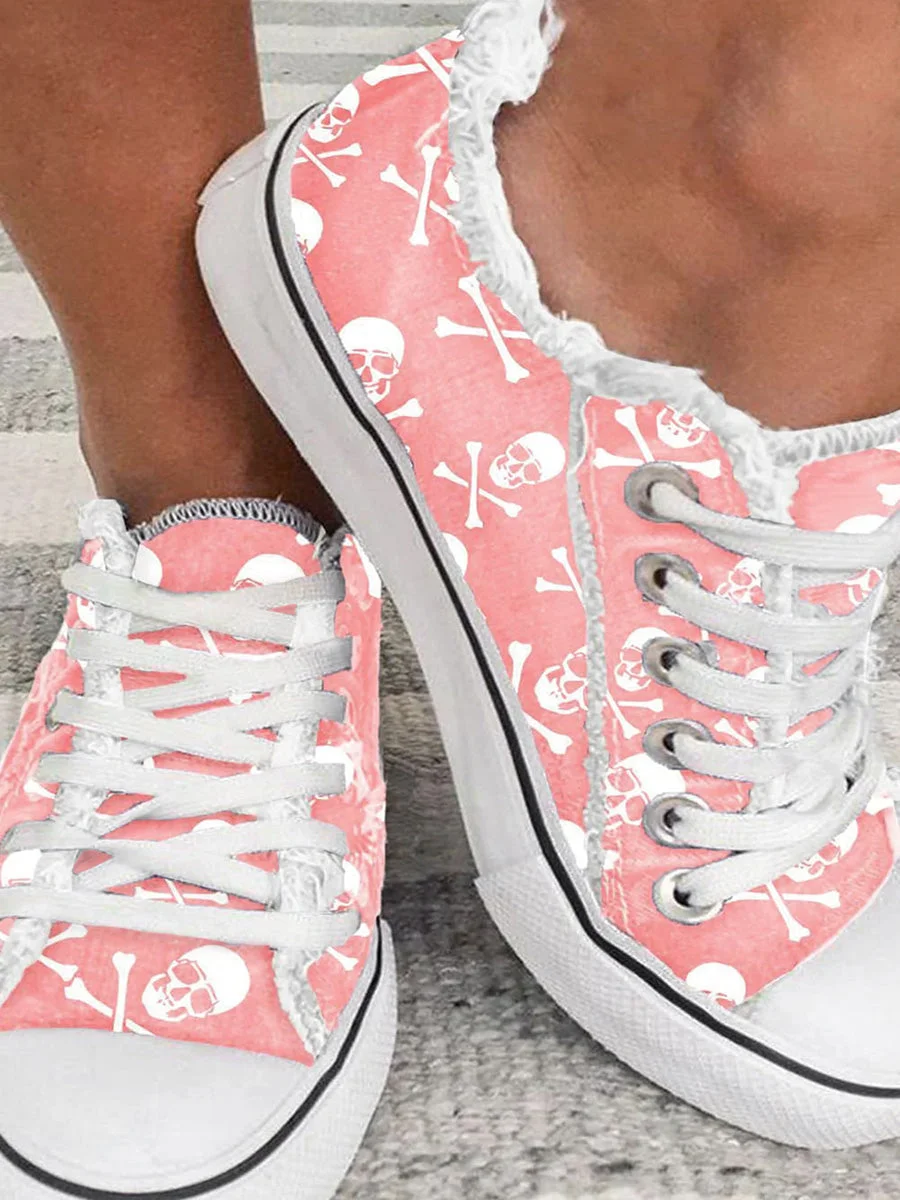 Skull Print Lace-up Frayed Canvas Sneakers