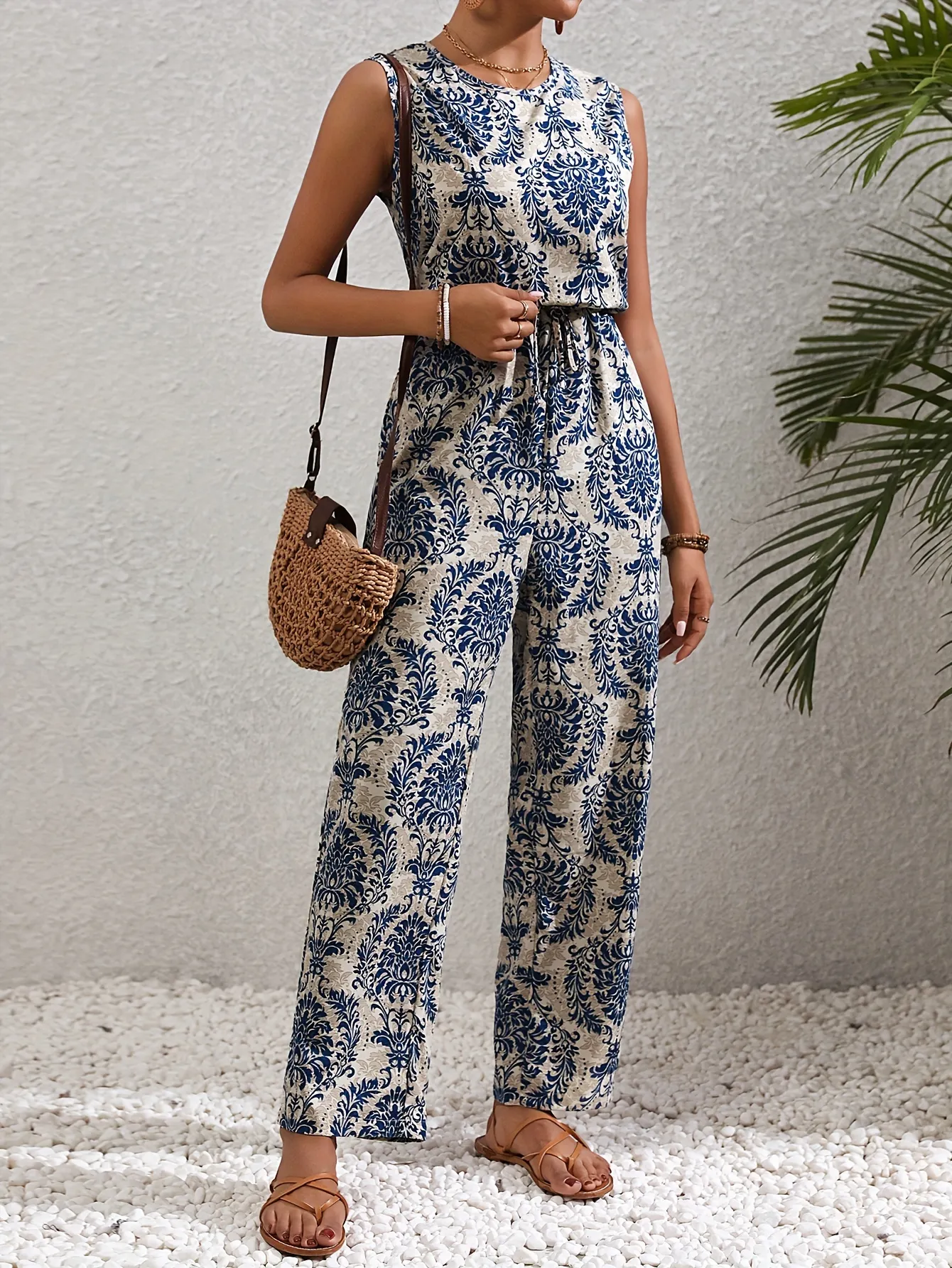 Womens Elegant Blue Floral Print Sleeveless Jumpsuit Ethnic Style Crew Neck Polyester | IFYHOME