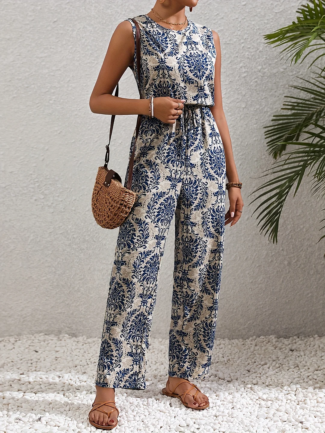 Women's Elegant Blue Floral Print Sleeveless Jumpsuit - Ethnic Style, Crew Neck, Polyester, Perfect For Spring/Summer, Casual Attire | Floral Print Jumpsuit | Polyester Fabri | IFYHOME