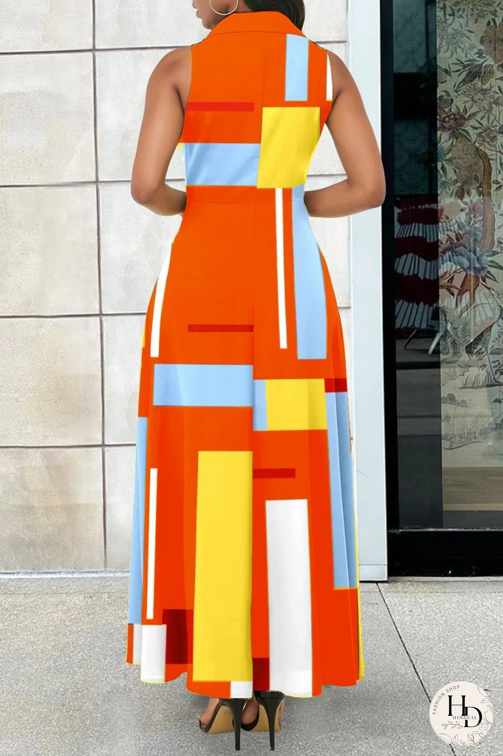 Red Casual Print Patchwork Turndown Collar Long Dress Dresses