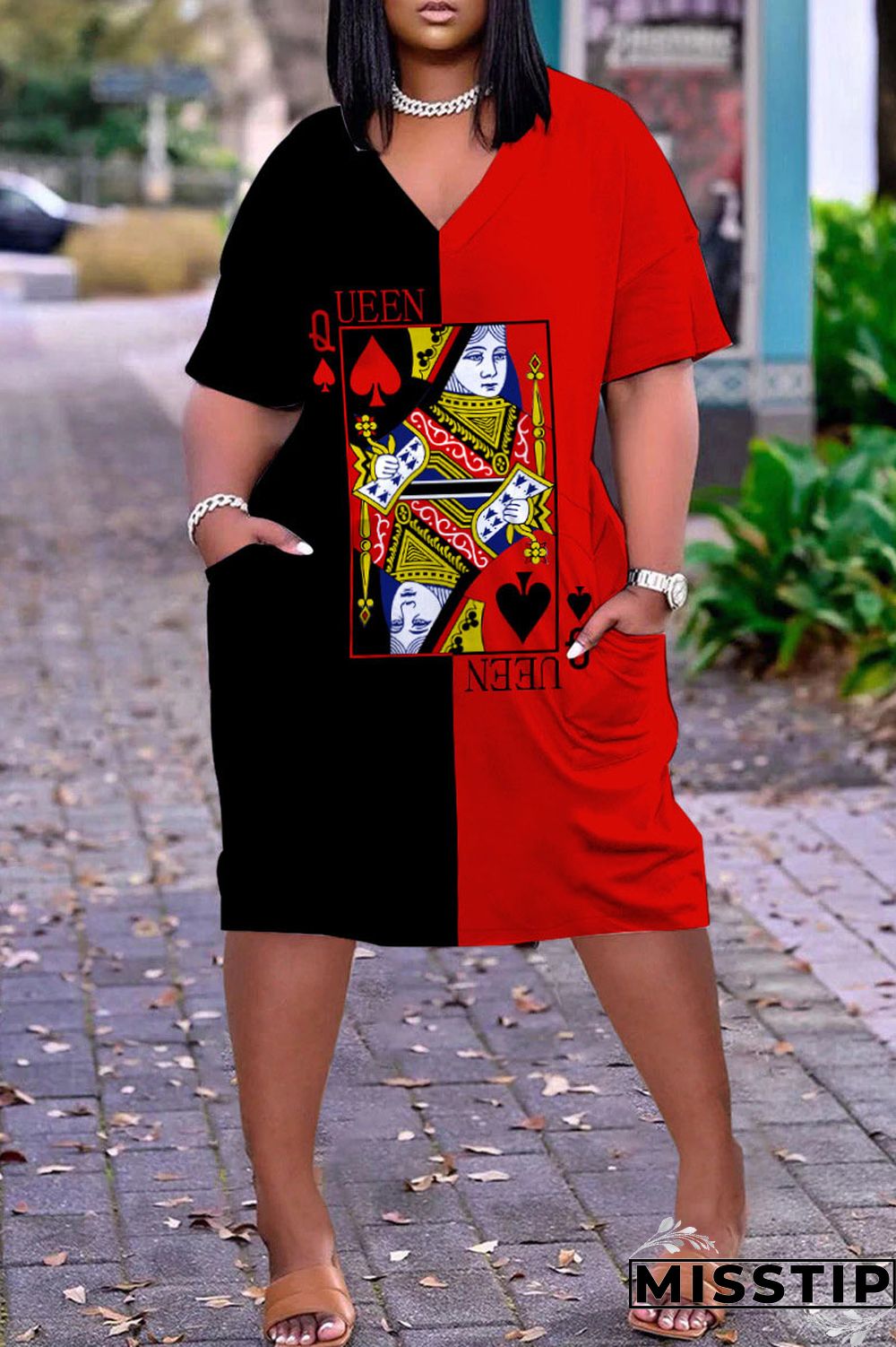 Colour Casual Street Print Patchwork V Neck Straight Dresses