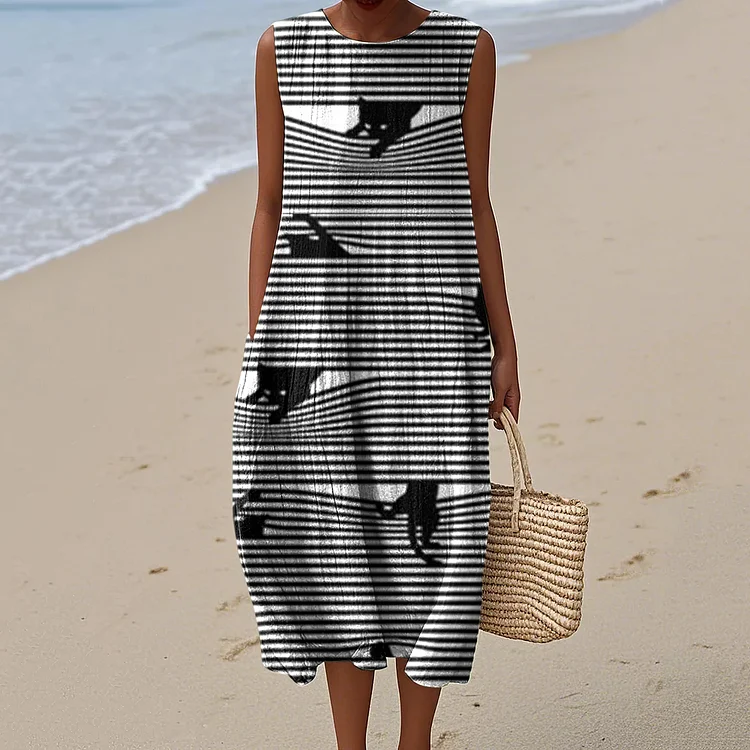 Women's Vintage Black Cats Stripes Art Print Sleeveless Dress