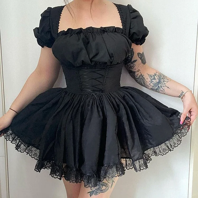 InsDoit Lolita Style Gothic Black Corset Dress Women Plaid Harajuku Vintage Lace Lace Up Mini Dress Patchwork Punk A Line Dress