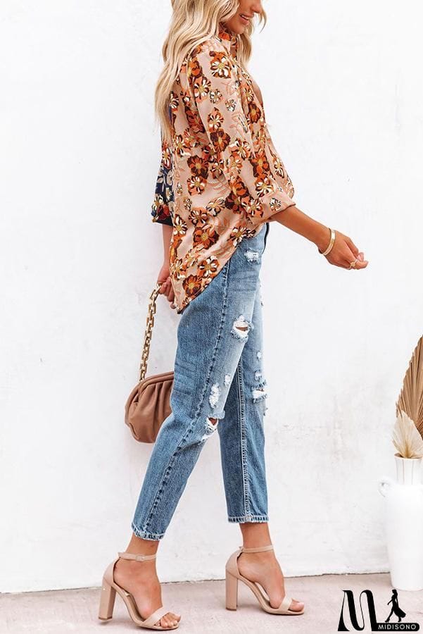 MidiSono - Floral long sleeve women's Lapel button shirt