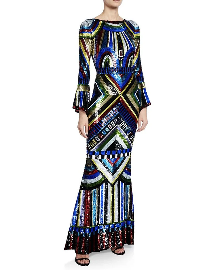 Elegant rainbow striped sequin gown