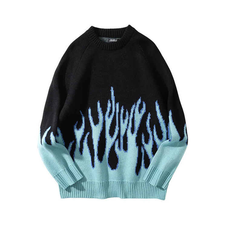 Contrast Color Flame Jacquard Sweater Street Hip Hop Pullover Sweater at Hiphopee