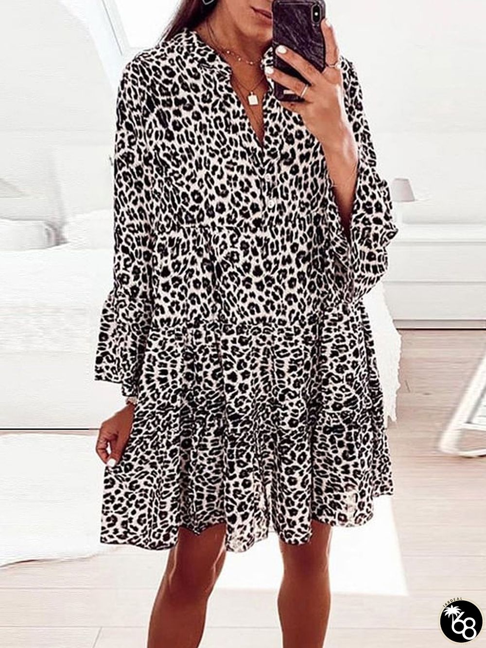 Women's Lepord Print V-Neck Dress | 168DEAL