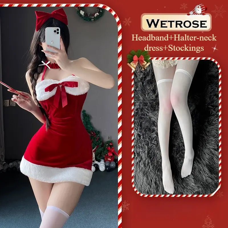 [Wetrose] In Stock Red Velvet Christmas Dress Fur Trim Santa Holiday Party Outfit Cosplay Costume Xmas