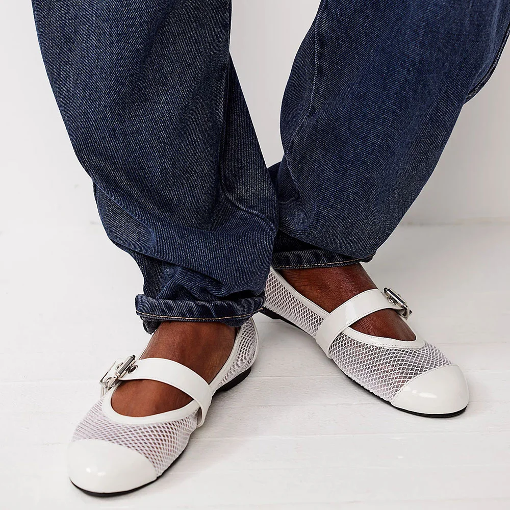 White Vegan Leather Round Toe Pull-On Buckled Mary Jane Flats Nicepairs