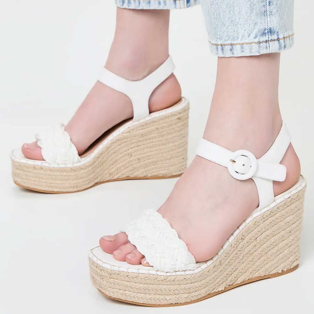 Ivory Textile Square Toe Wedge Heel Ankle Strap Platform Sandals Nicepairs