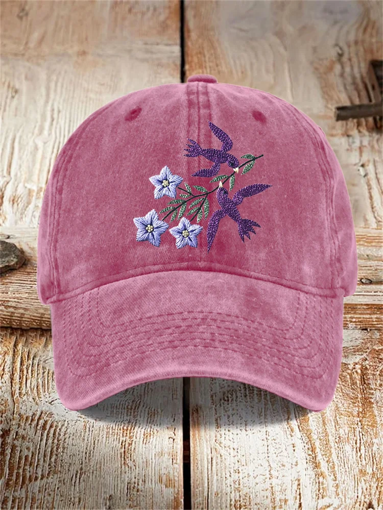 Bird & Flower Embroidery Pattern Washed Hat