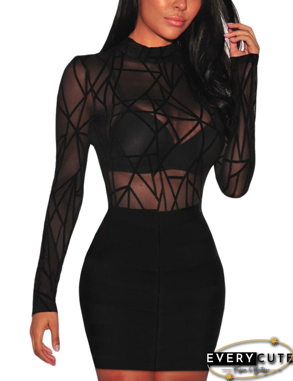 Black Sheer Mesh Geometric Velvet Long Sleeve Tops