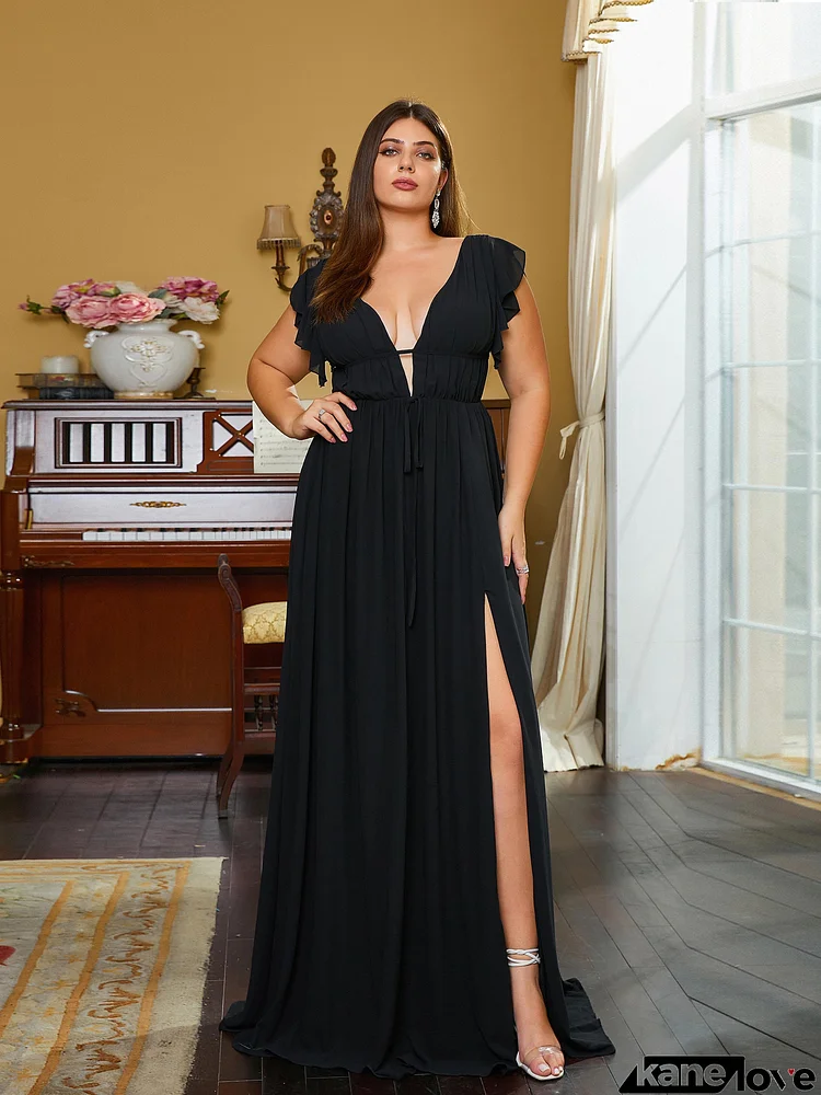 Plus Size V-neck High Split A-line Black Prom Dress PRH30503