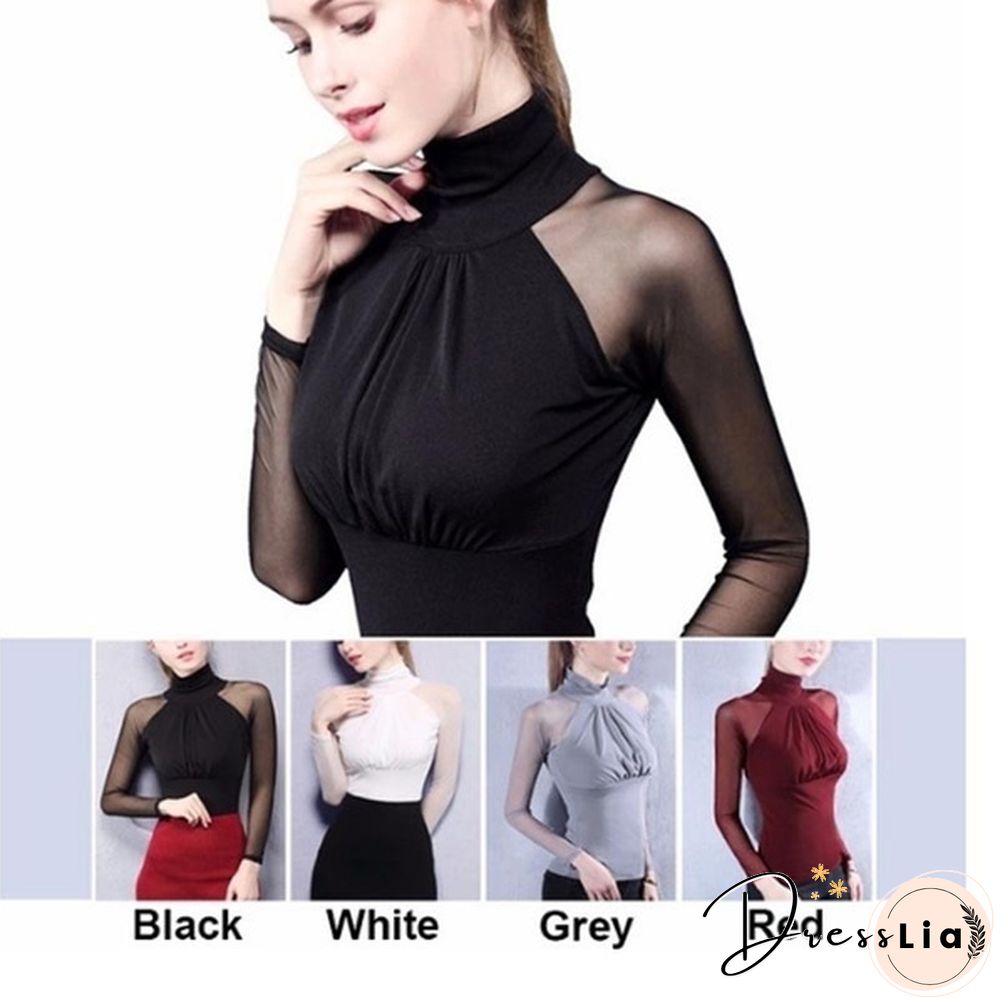 New Fashion Lady Blouse Lace Mesh Turtleneck Long Sleeves Slim Thin Patchwork Spring and Autum Shirt