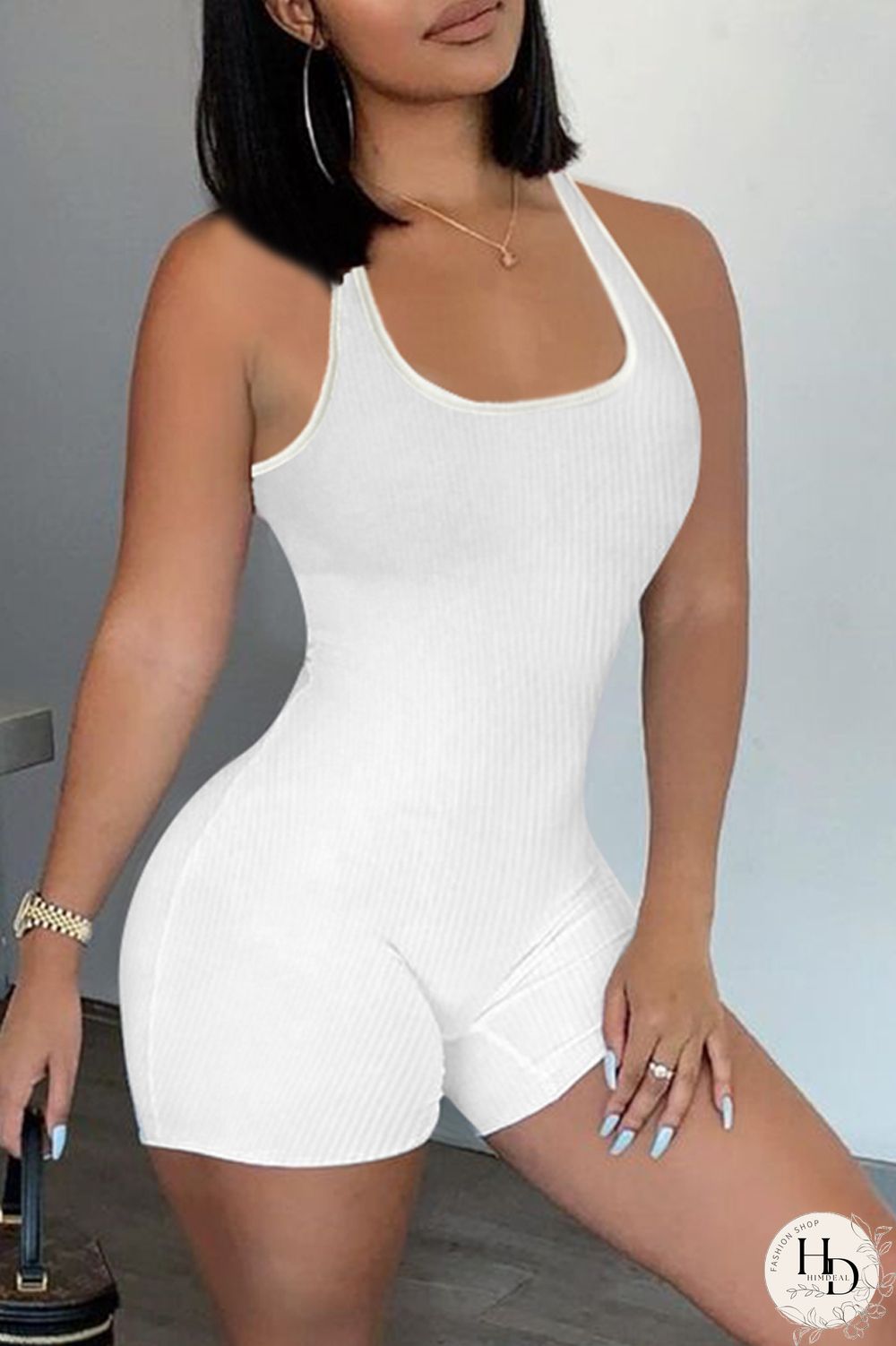 Army Green Casual Sportswear Solid Backless U Neck Skinny Romper