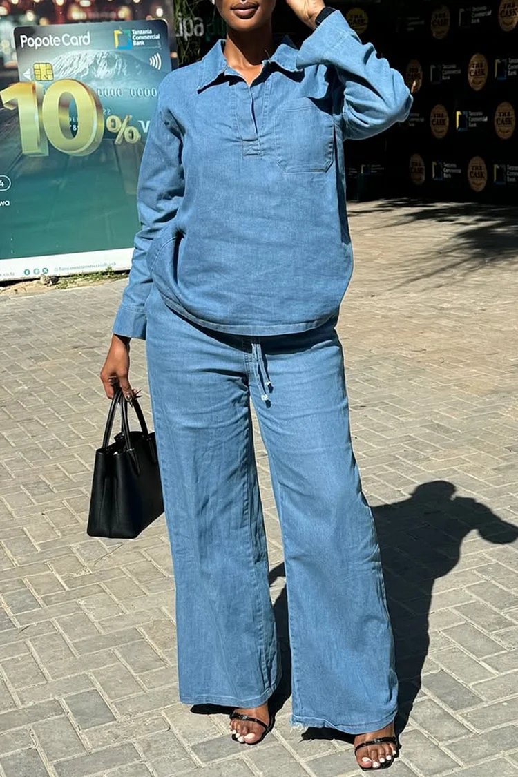 Plus Size Business Casual Blue Shirt Collar Long Sleeve Pocket Casual Tencel Denim Two Piece Pant Sets [Pre-Order]