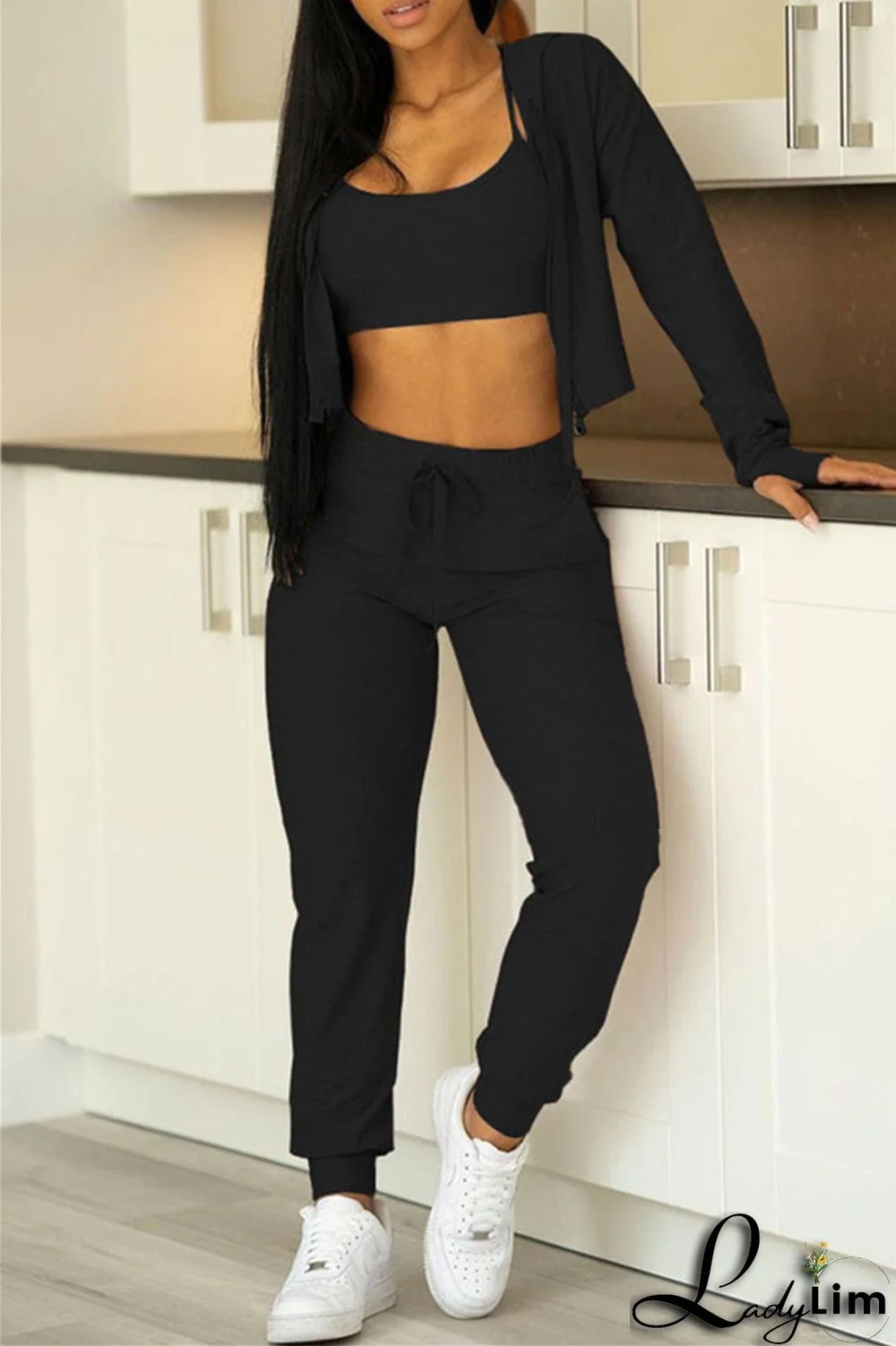 Pink Casual Sportswear Solid Cardigan Vests Pants Long Sleeve Three-piece Set