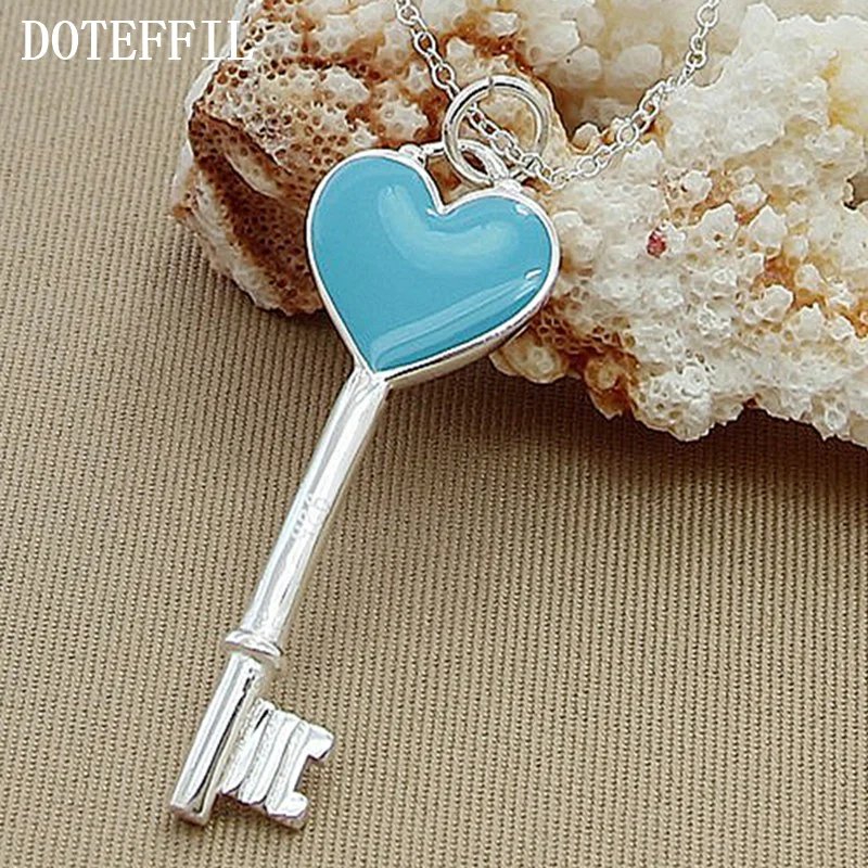 DOTEFFIL 925 Sterling Silver Heart Key Pendants Necklace 18 inch Chain For Woman Jewelry