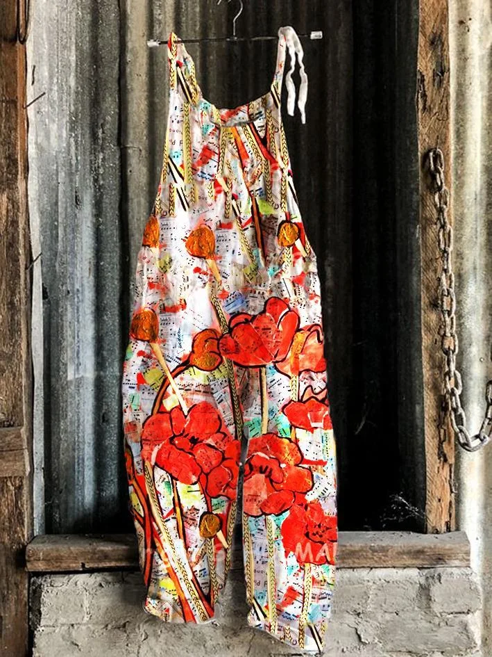 retro casual Floral Printed overalls
