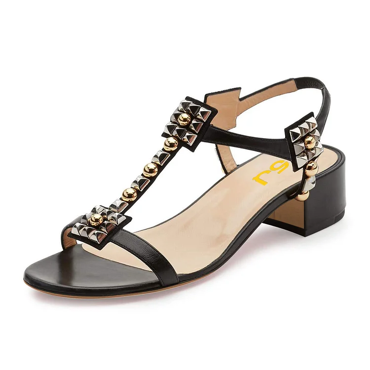Black T Strap Sandals Open Toe Chunky Heels Sandals |FSJ Shoes