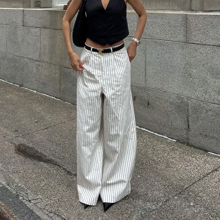 Churchf Churchf Simple Black And White Stripe Casual Wide Leg Pants 2024 New Spring And Autumn Fashion Temperament All-Match Trousers Women