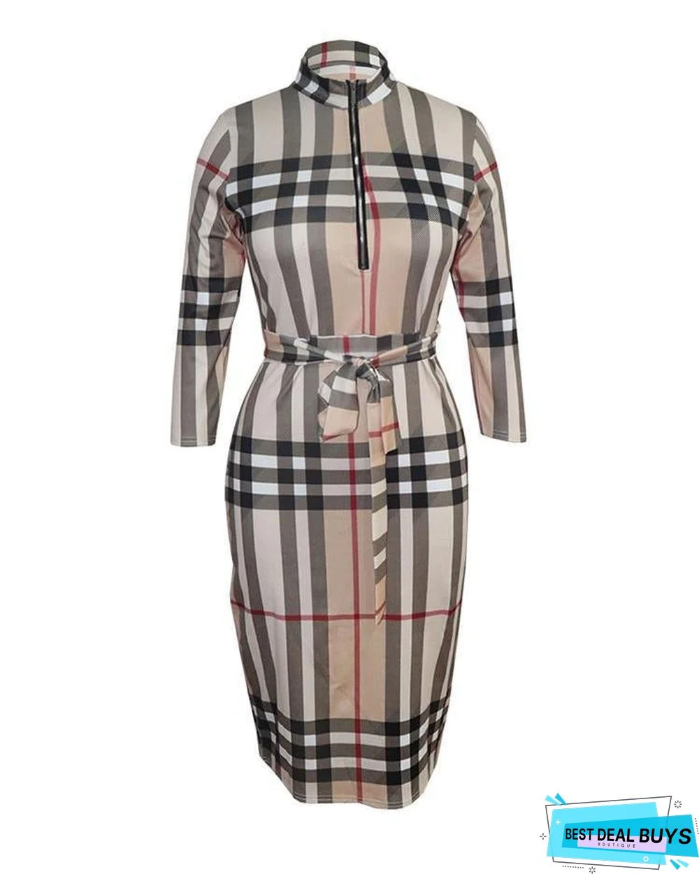 Grid Long Sleeve Zipper Front Bodycon Dress