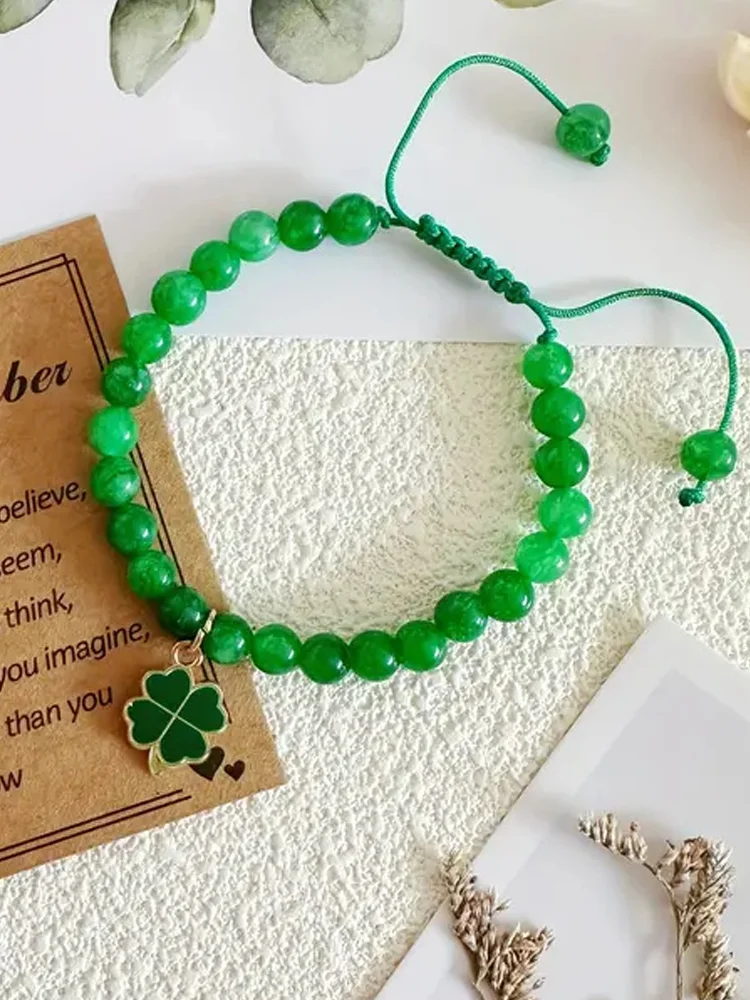 VChics Green Nature Stone Clove Bracelet Four-Leaf Clover Heart