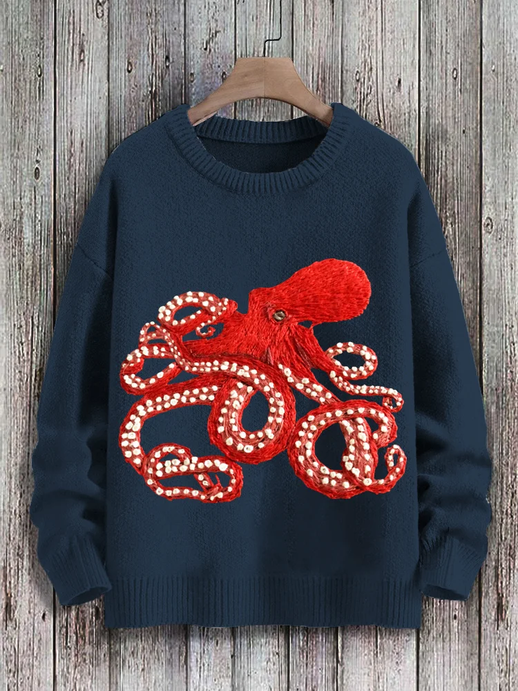 Red Octopus Embroidery Artwork Cozy Loose Sweater