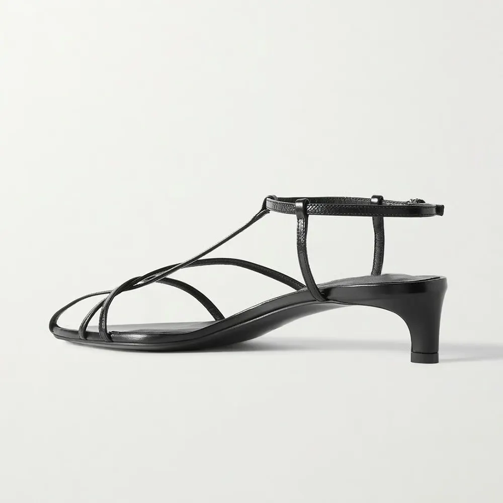 Women's Vegan Leather Open Toe T-Strap Black Heels Sandals