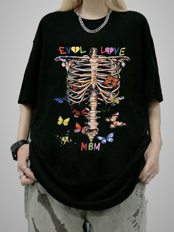 Skeleton & Colorful Butterflies Printed Loose T-shirt