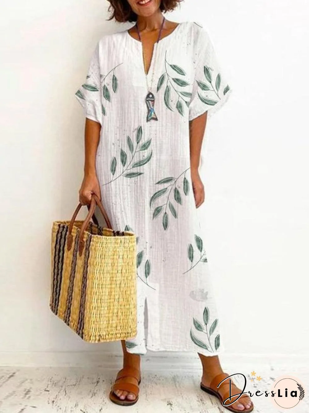 Leisure Cotton And Linen Leaf Print Split Dress