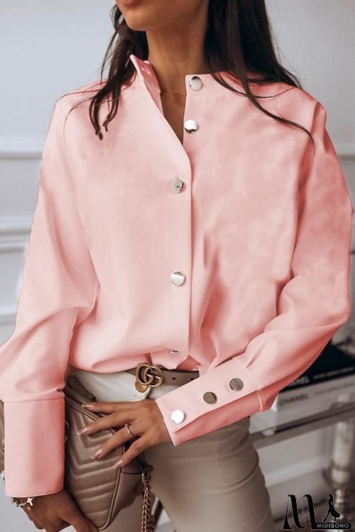 MidiSono - Shirt Collar Long Sleeve Blouse