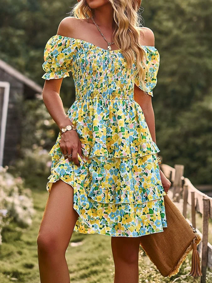 Printed Short Sleeve Cake Dress