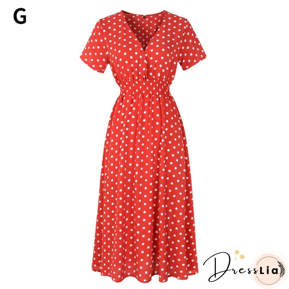 Women's Fashion Bohemian Skirt Chiffon Summer Print V-Neck Short-Sleeved Floral Dress