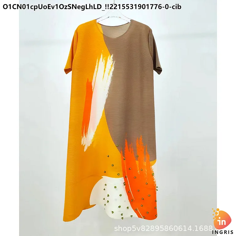 Pleated loose large size casual A-line dress female 2023 summer new pleated crew neck print dress-DG0037SXZ