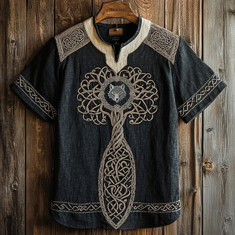 Mens Vintage Viking Tree Of Life And Wolf Celtic Design Shirt