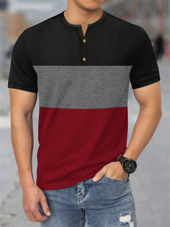 Summer New Large Size Men's Short-sleeved Casual Sports Three-color Splicing Men's T-shirt Henley Shirt