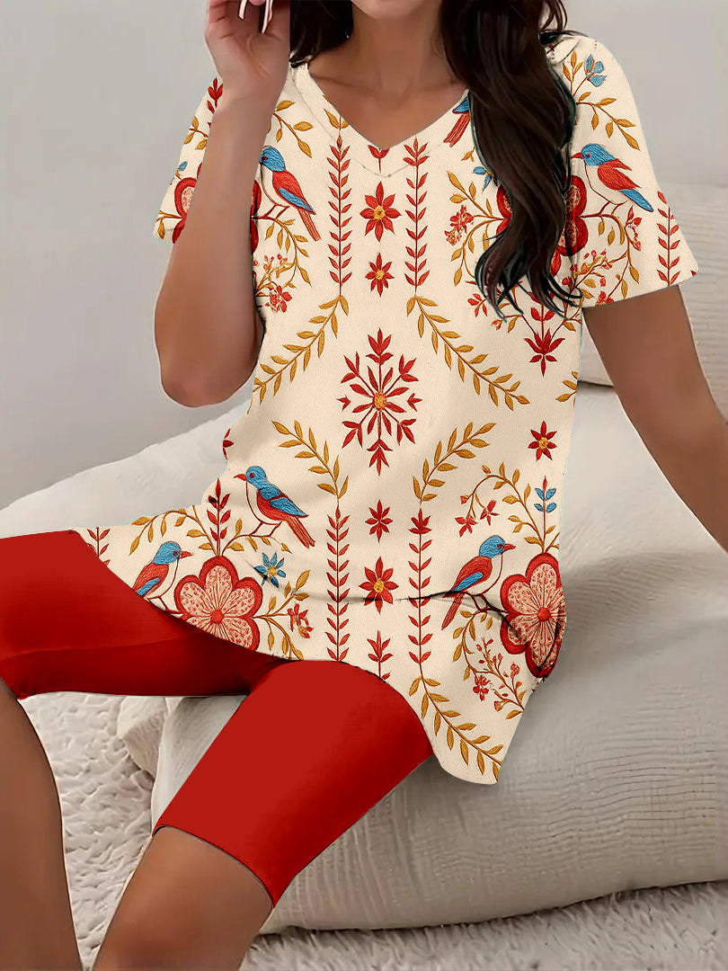 Women Long Sleeve V-neck Graphic Floral Printed Top