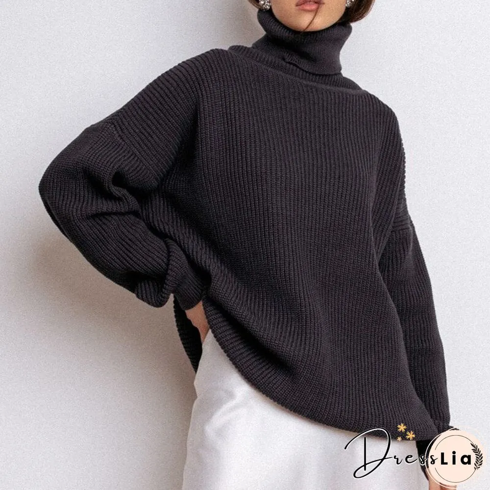 Womens Oversized Sweater Black Turtleneck Long Sleeve Autumn Winter Loose Jumper Beige