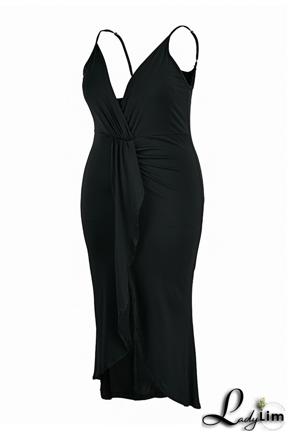 Black Fashion Sexy Plus Size Solid Patchwork V Neck Sling Dress