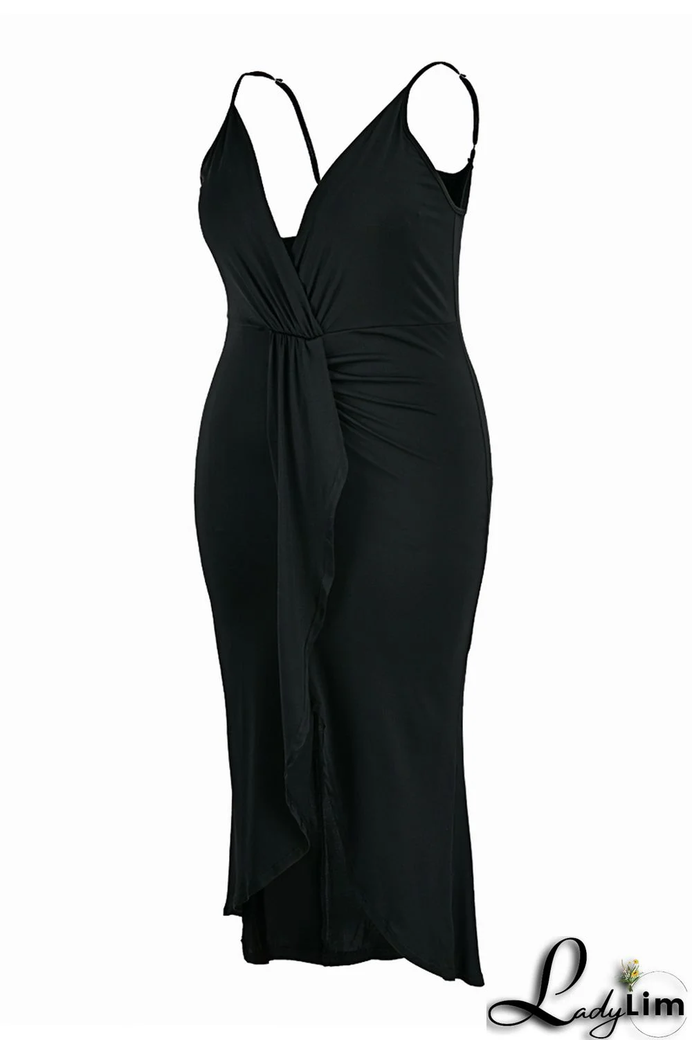 Black Fashion Sexy Plus Size Solid Patchwork V Neck Sling Dress