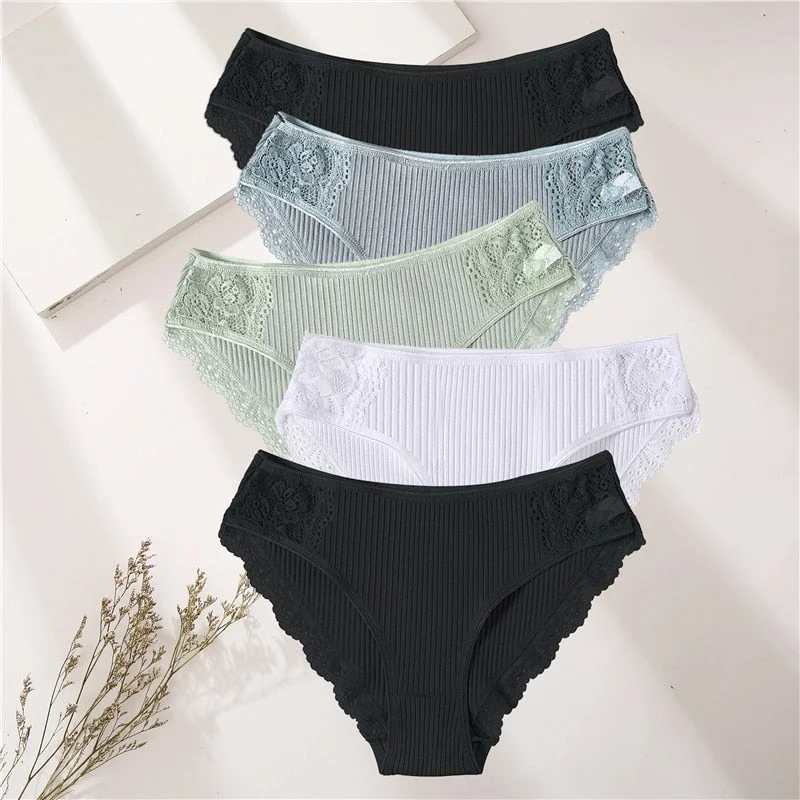 FINETOO 5PCS/Set Women Cotton Underwear Panties Floral Lace Soft Intimates Underpant For Woman Sexy Ladies M-XXL Lingerie Panty